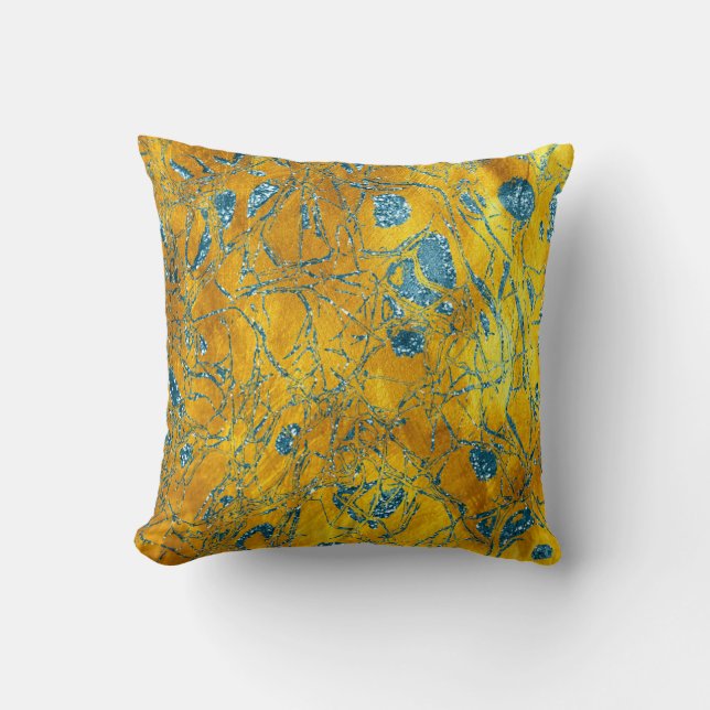 Gold Nature Glitter Sparkly Blue Ocean Abstract Throw Pillow (Front)