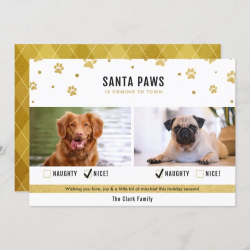 Gold Naughty or Nice Two Dog Christmas Photo Card