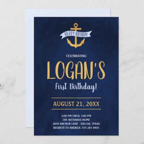 Gold Nautical Anchor Birthday Party Invitation