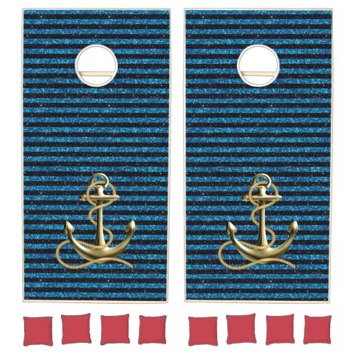 Gold Nautical Anchor Blue Black Stripes Cornhole Set