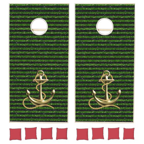 Gold Nautical Anchor Green Black Stripes Cornhole Set