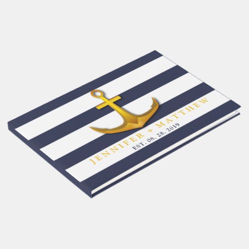 Gold Nautical Anchor Navy Blue  White Wedding Guest Book