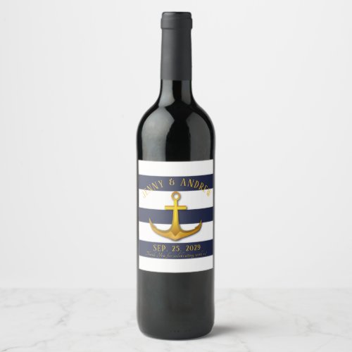 Gold Nautical Anchor Navy Blue & White Wedding Wine Label