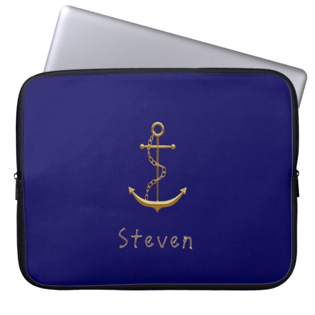 Gold nautical anchor on blue custom name laptop sleeve (Front)