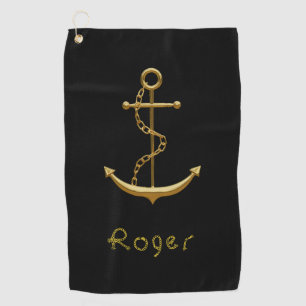 Gold nautical anchor on royal blue custom name golf towel
