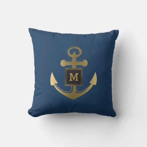Gold Nautical Anchor Outdoor Pillows Navy Blue