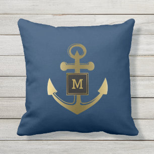 Gold Nautical Anchor Outdoor Pillows Navy Blue