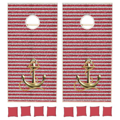 Gold Nautical Anchor Red Silver Stripes Cornhole Set