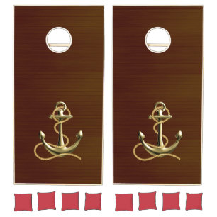 Gold Nautical Anchor Rustic Dark Wood Cornhole Set