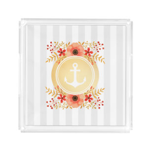Gold Nautical Anchor Watercolor Floral Striped Acrylic Tray