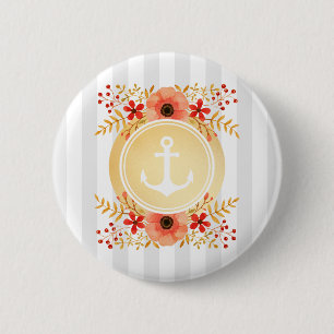Gold Nautical Anchor Watercolor Floral Striped Button