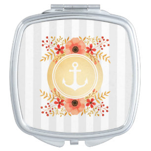 Gold Nautical Anchor Watercolor Floral Striped Compact Mirror