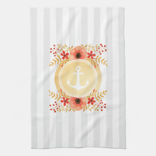 Gold Nautical Anchor Watercolor Floral Striped Kitchen Towel