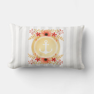 Gold Nautical Anchor Watercolor Floral Striped Lumbar Pillow