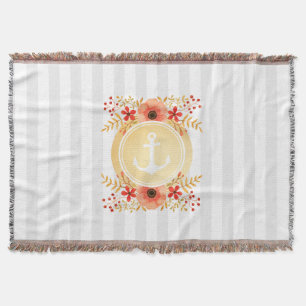Gold Nautical Anchor Watercolor Floral Striped Throw Blanket