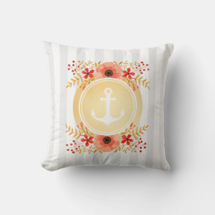 Gold Nautical Anchor Watercolor Floral Striped Throw Pillow