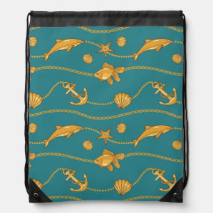 Gold Nautical Pattern Drawstring Bag