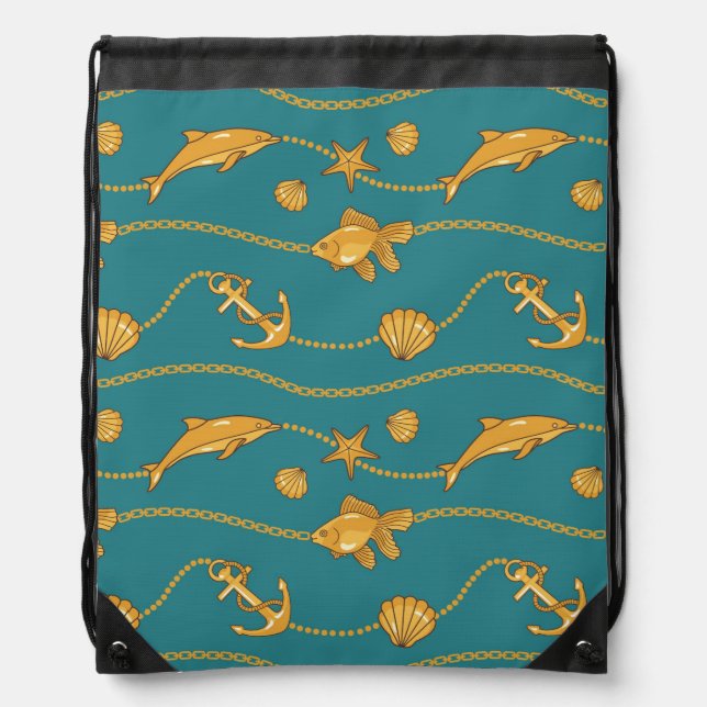 Gold Nautical Pattern Drawstring Bag (Front)