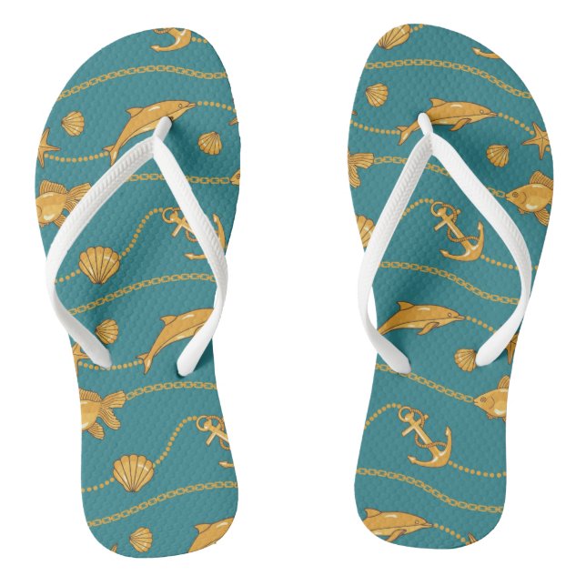 Gold Nautical Pattern Flip Flops (Footbed)