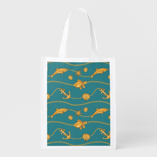 Gold Nautical Pattern Grocery Bag (Front)