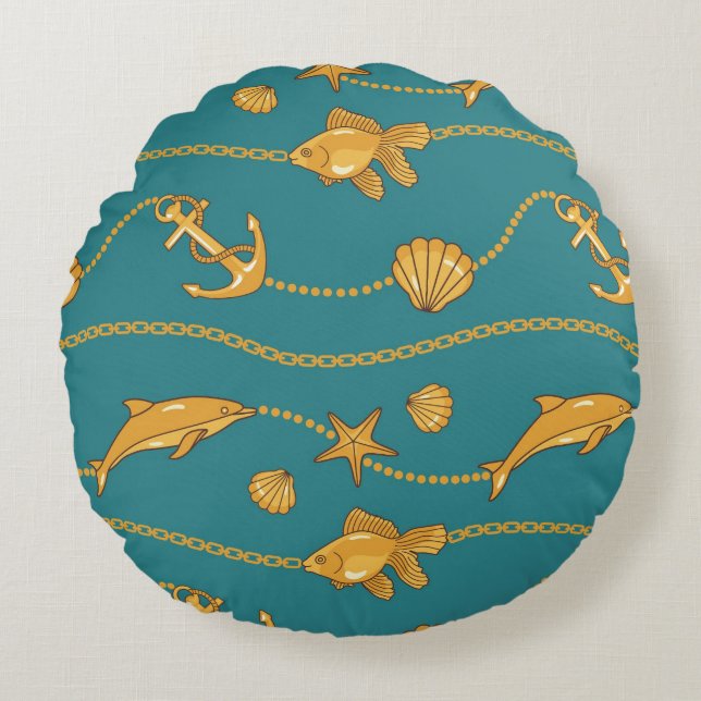 Gold Nautical Pattern Round Pillow (Front)