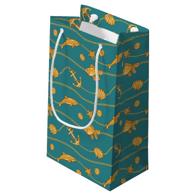 Gold Nautical Pattern Small Gift Bag (Back Angled)