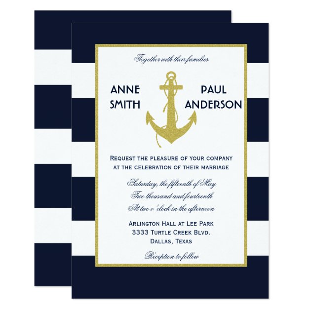 Gold Nautical & Stripes Wedding Invitation