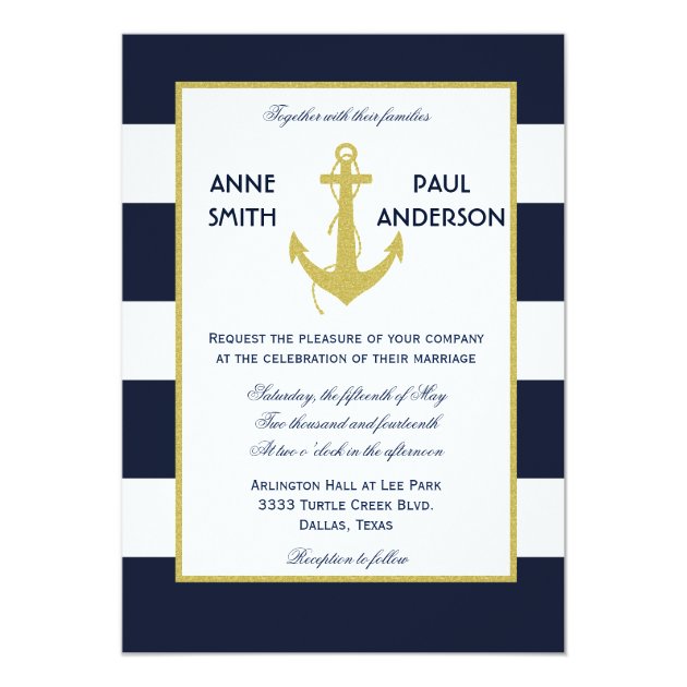 Gold Nautical & Stripes Wedding Invitation