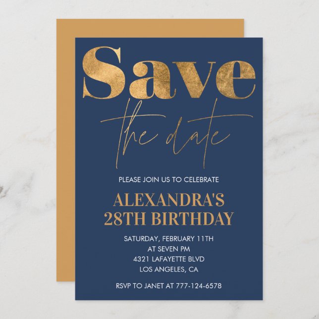 Gold Navy 28th birthday invitations Save the date  (Front/Back)