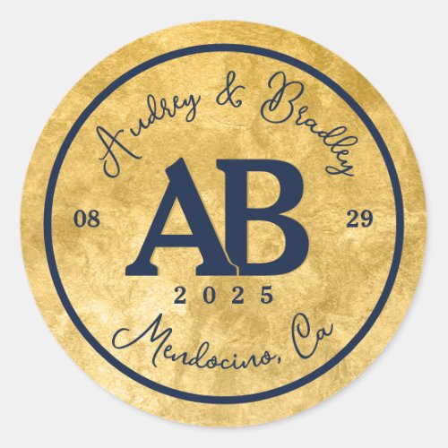 Gold Navy 2 Letter Monogram Wedding Classic Round Sticker