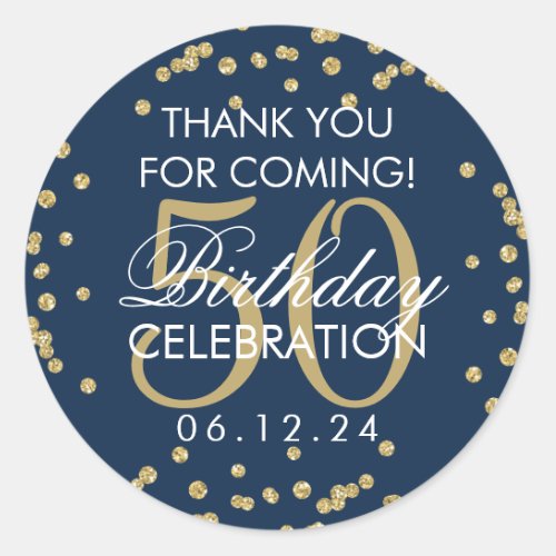 Gold Navy 50th Birthday Thank You Glitter Confetti Classic Round Sticker