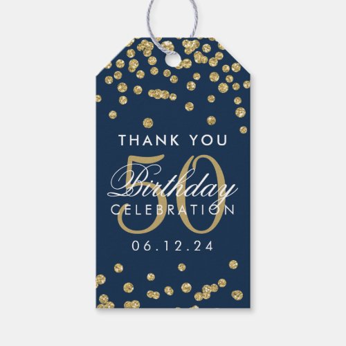 Gold Navy 50th Birthday Thank You Glitter Confetti Gift Tags