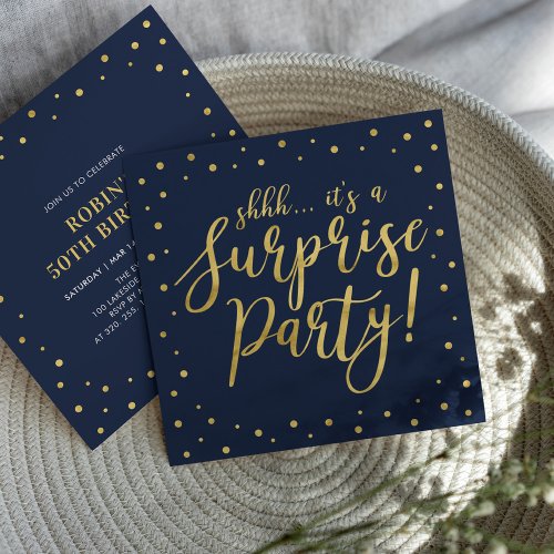 Gold  Navy  50th Surprise Birthday Party Invitation
