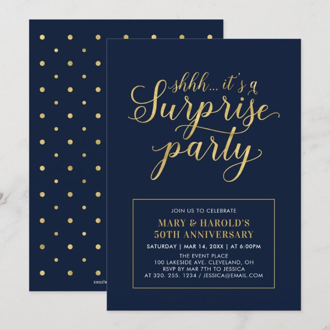 Gold & Navy | 50th Surprise Wedding Anniversary Invitation (Front/Back)