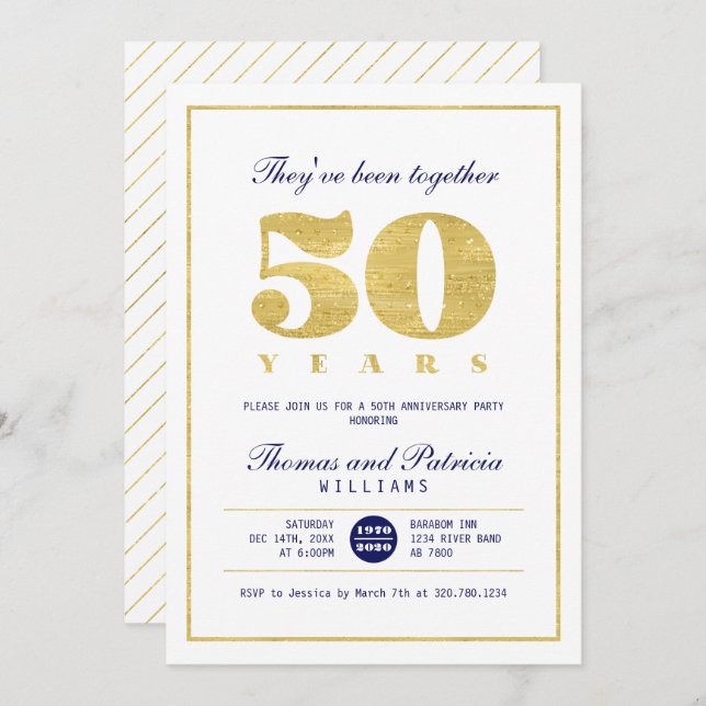 Gold & Navy 50th Wedding Anniversary Invitation (Front/Back)