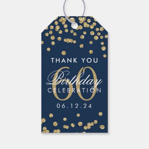 Gold Navy 60th Birthday Thank You Glitter Confetti Gift Tags