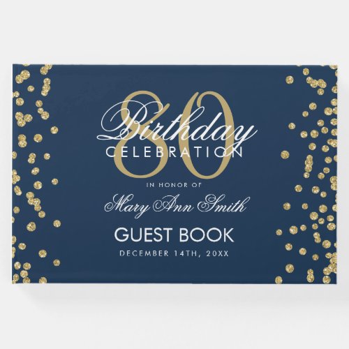 Gold Navy 80th Birthday Party Glitter Confetti Guest Book