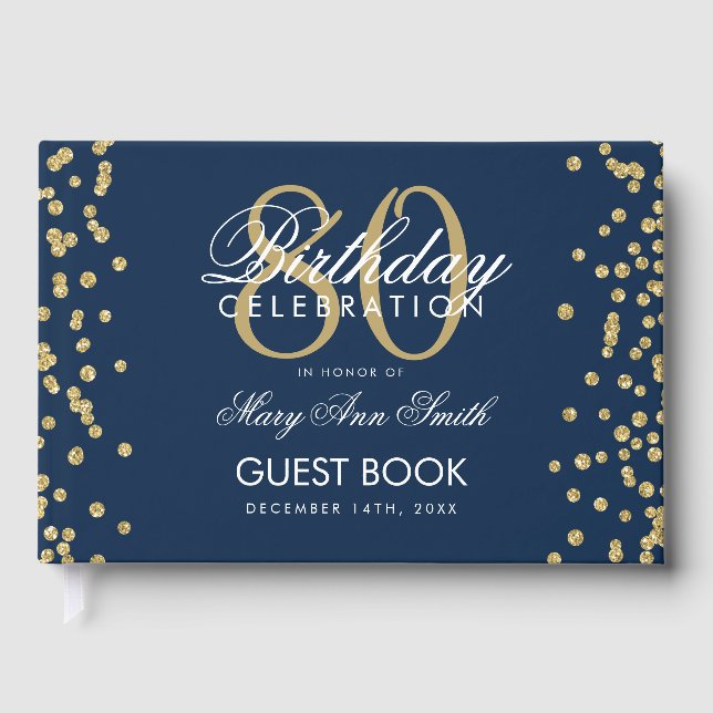 Gold Navy 80th Birthday Party Glitter Confetti Guest Book (Front)
