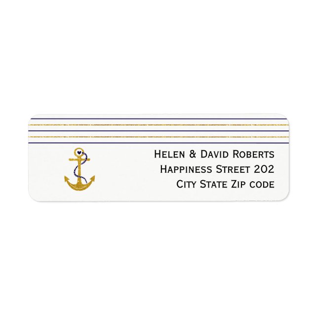 Gold, navy anchor and stripes nautical wedding label (Front)