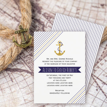 Gold  Navy Anchor  Stripes Nautical Beach Wedding Invitation by weddings_ at Zazzle