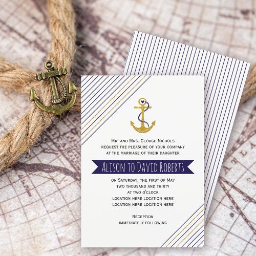 Gold navy anchor stripes nautical beach wedding invitation