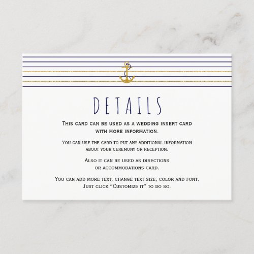 Gold navy anchor stripes nautical wedding enclosure card