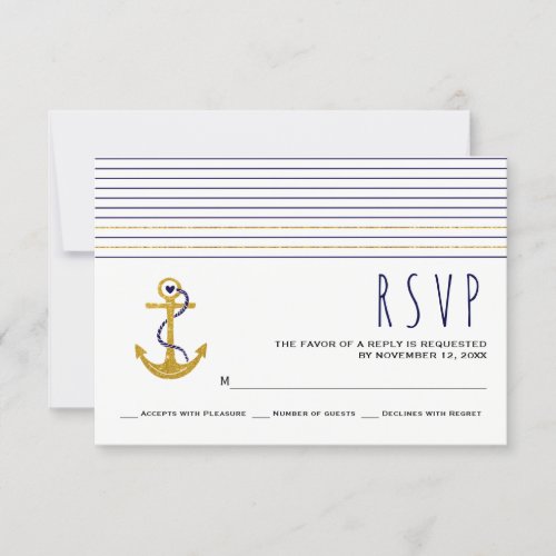 Gold navy anchor stripes nautical wedding RSVP