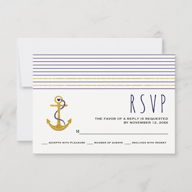 Gold, navy anchor, stripes nautical wedding RSVP Card (Front)