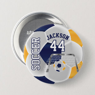 Gold, Navy and White Personalize Soccer Ball Button