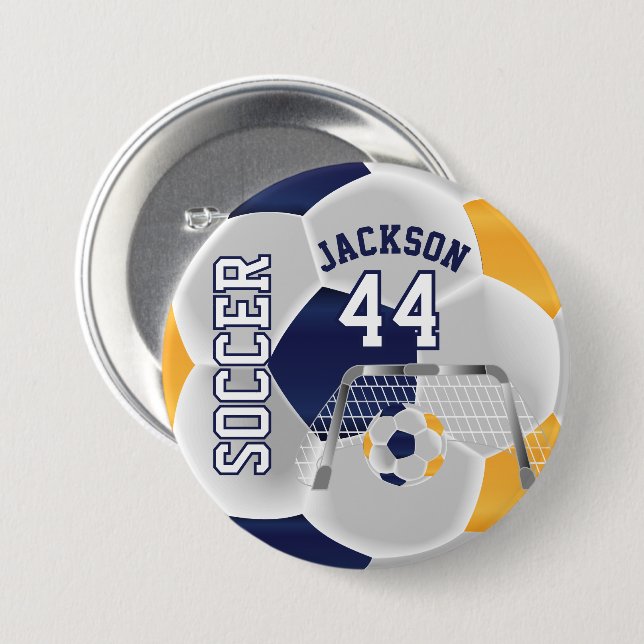 Gold, Navy and White Personalize Soccer Ball Button (Front & Back)