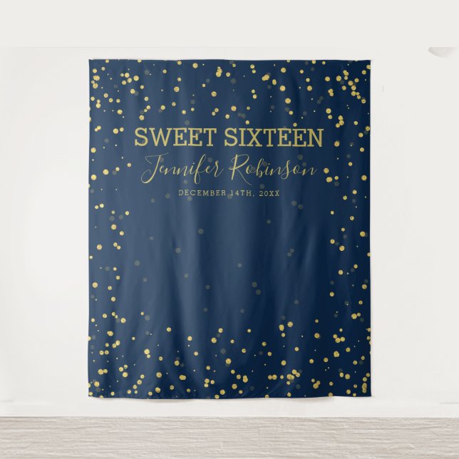 Gold & Navy Backdrop Banner Sweet 16 Glitter Dots (Front)