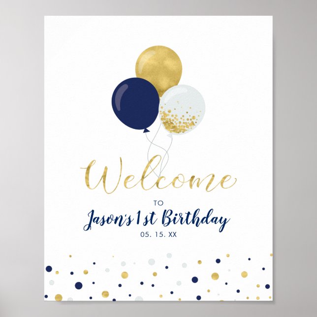 Gold & Navy Balloons | Boy 1st Birthday Welcome Poster (Front)