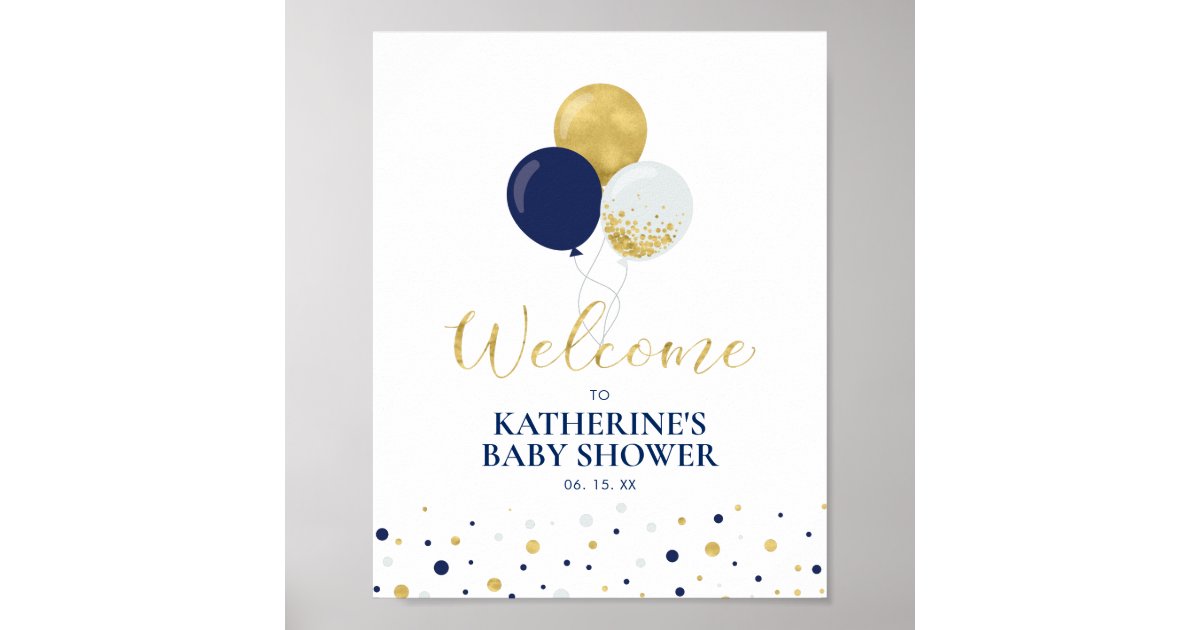 Gold & Navy Balloons | Boy Baby Shower Welcome Poster | Zazzle