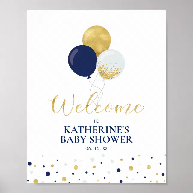 Gold & Navy Balloons | Boy Baby Shower Welcome Poster | Zazzle